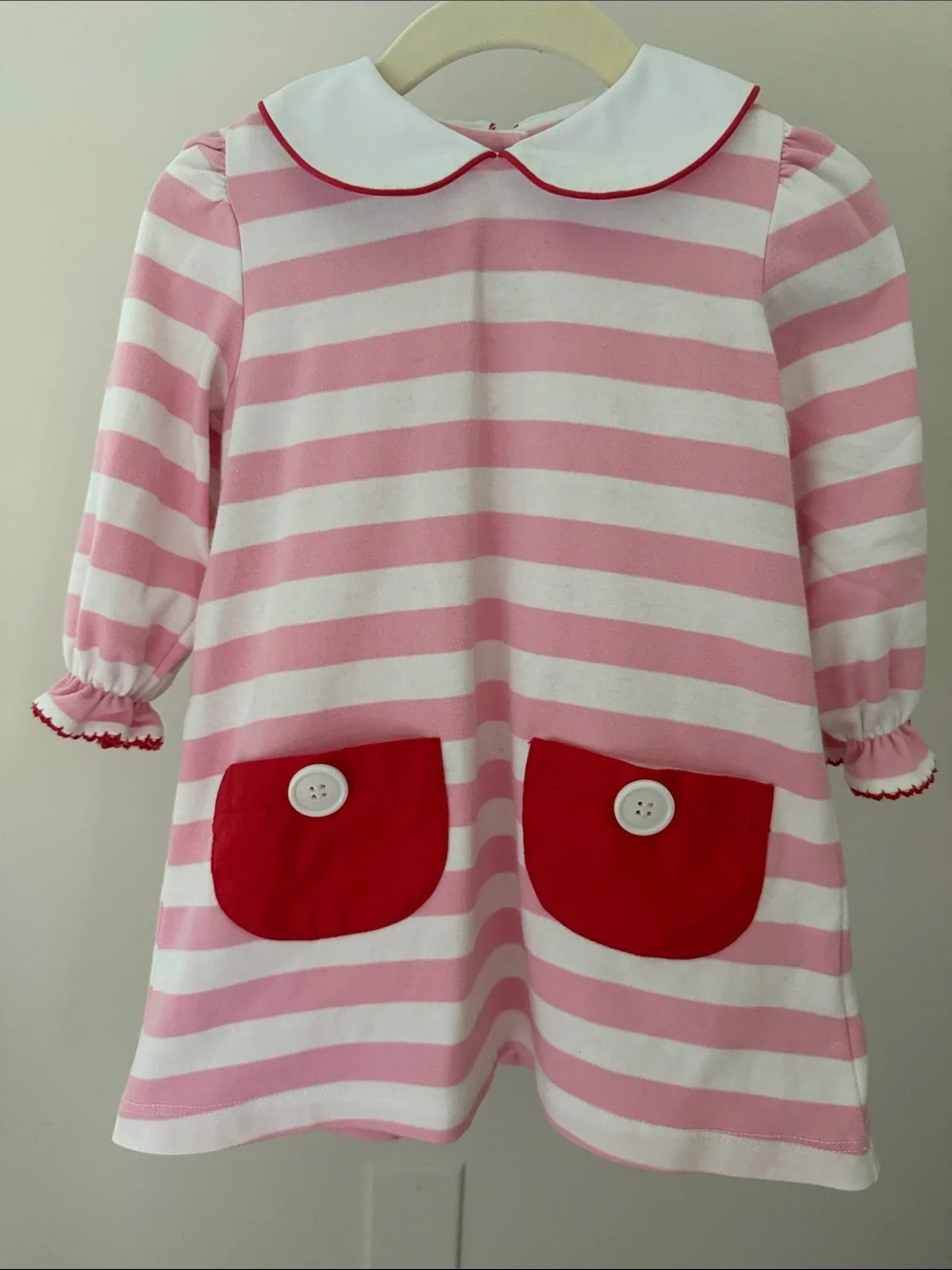 Girls Pink & White Stripe Pocket Dress Pajamas with Red Accents